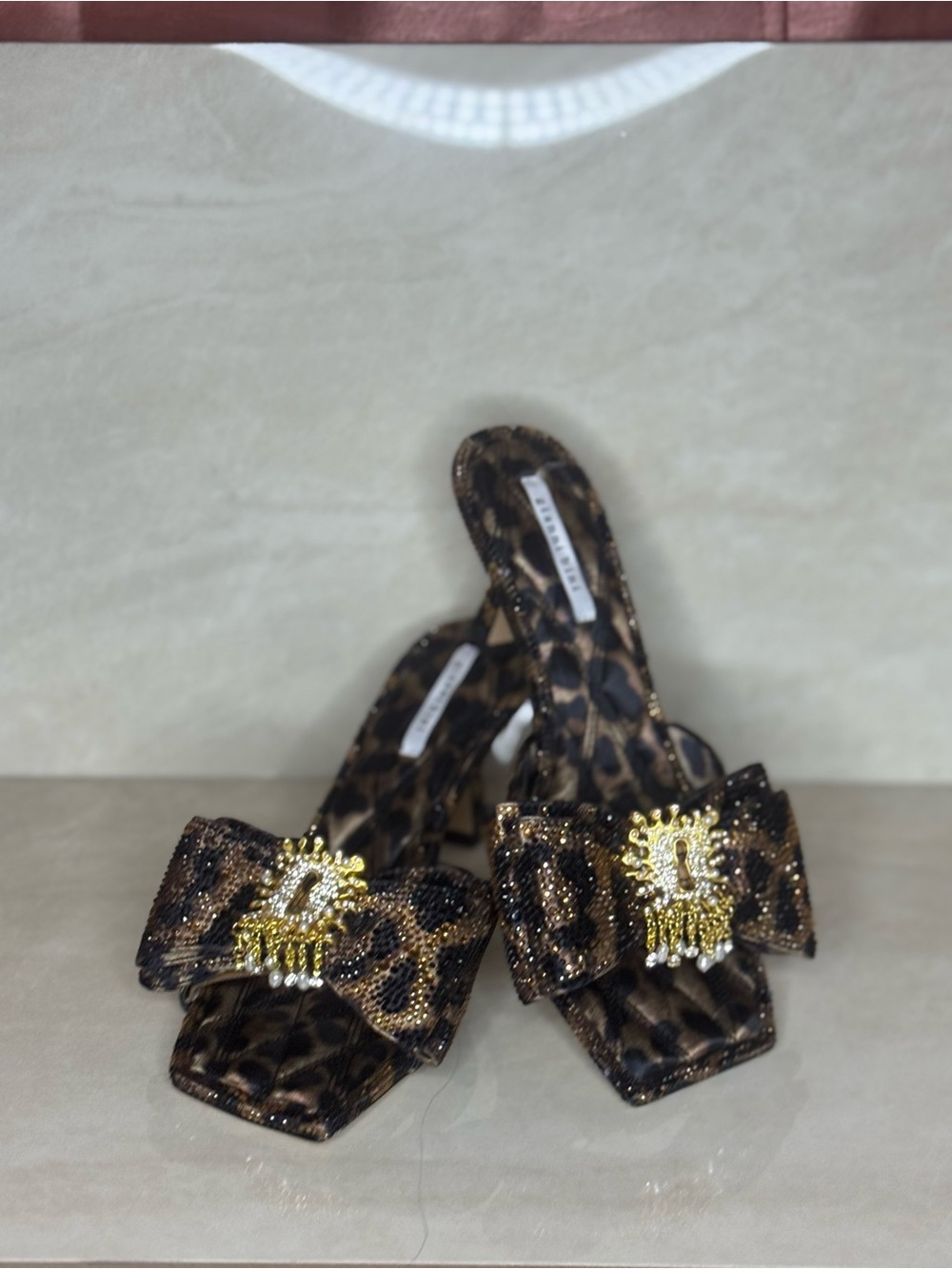 Leopard Print Bow Mule Heels with Gold Rhinestone Accent